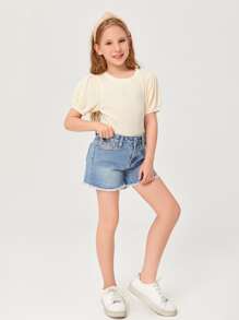 SHEIN 女孩泡泡袖網眼針織上衣 - 米色 - 查看 5