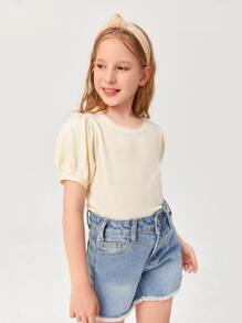 SHEIN 女孩泡泡袖網眼針織上衣 - 米色 - 查看 6