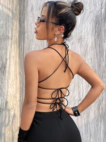 SHEIN ICON Lace Up Backless Crop Black Cami Top - Black - View 2