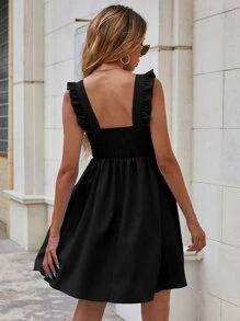 Breezaya Ruffle Trim Shirred Back Dress - Black - View 2
