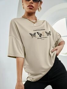 SHEIN Unity Camiseta oversize de manga caída con estampado de letras y mariposas - Caqui - Ver 3