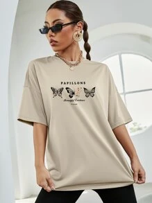 SHEIN Unity Camiseta oversize de manga caída con estampado de letras y mariposas - Caqui - Ver 4