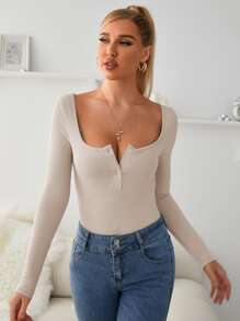 Chiquease Ribbed Knit Slim Fit Bodysuit Fall Cloth For Women - Apricot - View 4