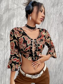 ROMWE PUNK Áo sơ mi nữ Ren lên Thùa khuyết Paisley Giải trí - Nhiều màu - Xem 6