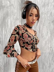 ROMWE PUNK Áo sơ mi nữ Ren lên Thùa khuyết Paisley Giải trí - Nhiều màu - Xem 7