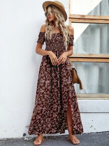 SHEIN LUNE Off Shoulder Ditsy Floral High Split Dress - Multicolor - View 3