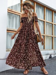 SHEIN LUNE Off Shoulder Ditsy Floral High Split Dress - Multicolor - View 6