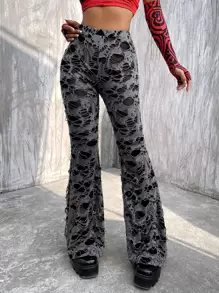 ROMWE PUNK Ladder Ripped Flare Leg Trousers Without Belt - Grey - View 1