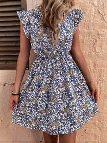 SHEIN VCAY 小碎花荷葉邊深V領連衣裙不附腰帶 - 彩色 - 查看 5