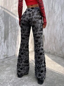 ROMWE PUNK Ladder Ripped Flare Leg Trousers Without Belt - Grey - View 4