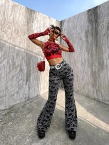 ROMWE PUNK Ladder Ripped Flare Leg Trousers Without Belt - Grey - View 7