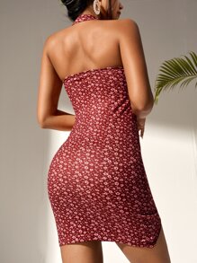 SHEIN PETITE 印花不對稱下擺緊身吊脖洋裝 - 酒紅色 - 查看 2