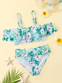Conjunto de bikini plisado con estampado floral para niña preadolescente, verano playa - Multicolor - Ver 1