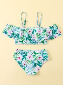 Conjunto de bikini plisado con estampado floral para niña preadolescente, verano playa - Multicolor - Ver 2