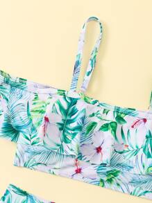 Conjunto de bikini plisado con estampado floral para niña preadolescente, verano playa - Multicolor - Ver 3