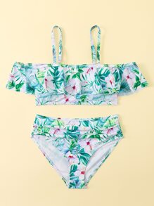Conjunto de bikini plisado con estampado floral para niña preadolescente, verano playa - Multicolor - Ver 4