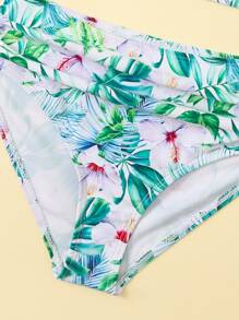 Conjunto de bikini plisado con estampado floral para niña preadolescente, verano playa - Multicolor - Ver 5
