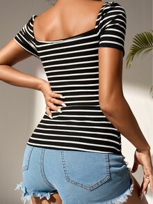SHEIN PETITE Striped Print Knot Front Tee - Black and White - View 2