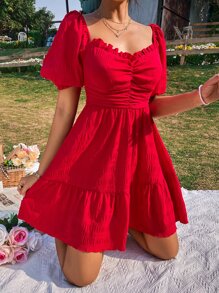 SHEIN Holidaya Ruched Tie Back Ruffle Hem Dress - Red - View 1