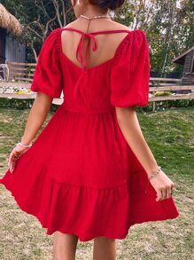 SHEIN Holidaya Ruched Tie Back Ruffle Hem Dress - Red - View 2