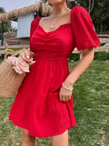 SHEIN Holidaya Ruched Tie Back Ruffle Hem Dress - Red - View 4