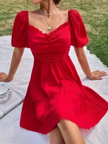 SHEIN Holidaya Ruched Tie Back Ruffle Hem Dress - Red - View 6