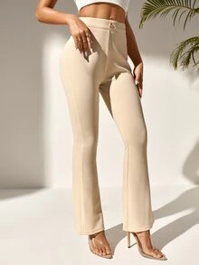 SHEIN PETITE Solid Flare Leg Trousers - Khaki - View 3