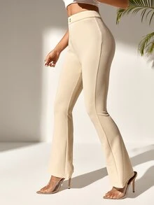 SHEIN PETITE Solid Flare Leg Trousers - Khaki - View 4