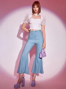 SHEIN MOD Quần nữ Nút Dây kéo màu trơn Thanh lịch - Màu xanh nhạt - Xem 4