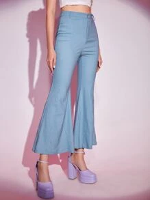 SHEIN MOD Quần nữ Nút Dây kéo màu trơn Thanh lịch - Màu xanh nhạt - Xem 5