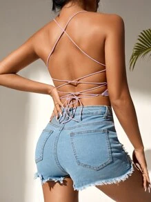 SHEIN PETITE Áo hai dây Lộ Lưng Hội Chữ thập màu trơn Gợi cảm - Màu tím hoa cà - Xem 2