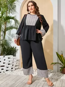 Bộ thời trang Plus Size Viên lá sen Sọc Giải trí - màu đen - Xem 1