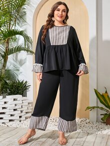 Bộ thời trang Plus Size Viên lá sen Sọc Giải trí - màu đen - Xem 3