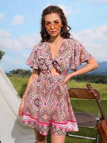 SHEIN Floral Print Knot Front Cut Out Butterfly Sleeve Dress - Multicolor - View 3