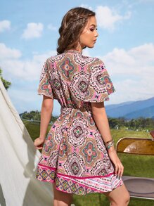 SHEIN Floral Print Knot Front Cut Out Butterfly Sleeve Dress - Multicolor - View 2