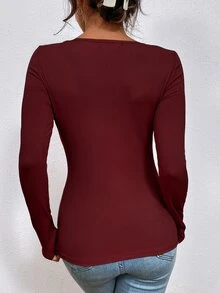 拼接水溶蕾絲條紋針織T恤 - 紫紅色 - 查看 2