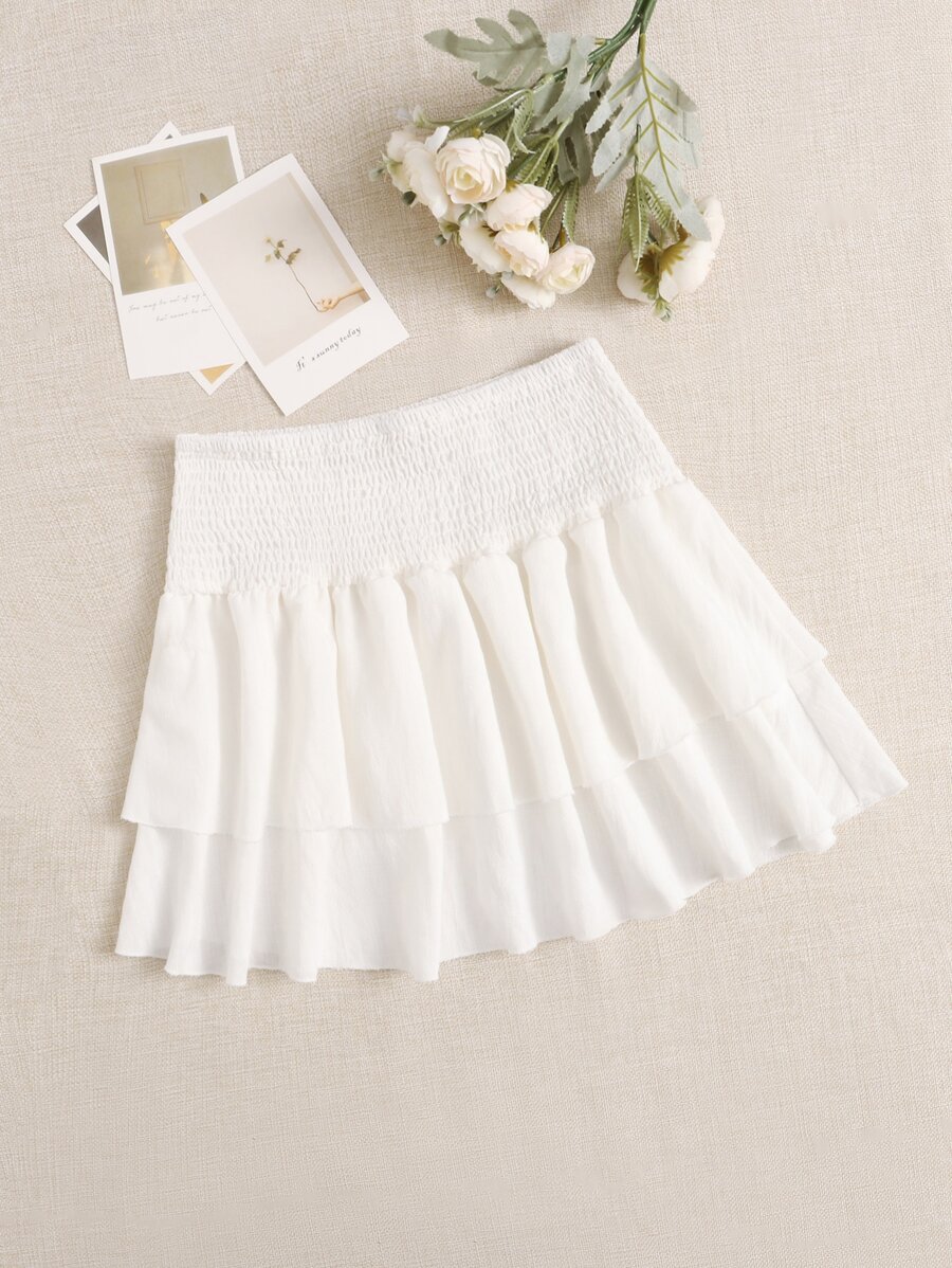 SHEIN PETITE 褶皺腰帶分層短裙的夏季裙子 - 白色 - 查看 1