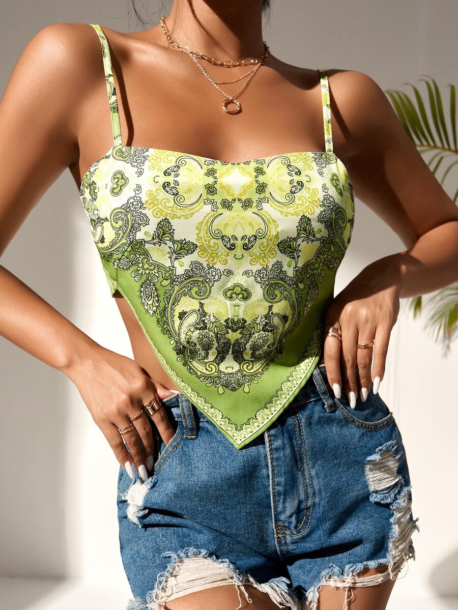 SHEIN Unity Áo hai dây Bất đối xứng Buộc lại Paisley Boho - màu xanh lá - Xem 1