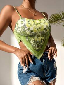 SHEIN Unity Áo hai dây Bất đối xứng Buộc lại Paisley Boho - màu xanh lá - Xem 3