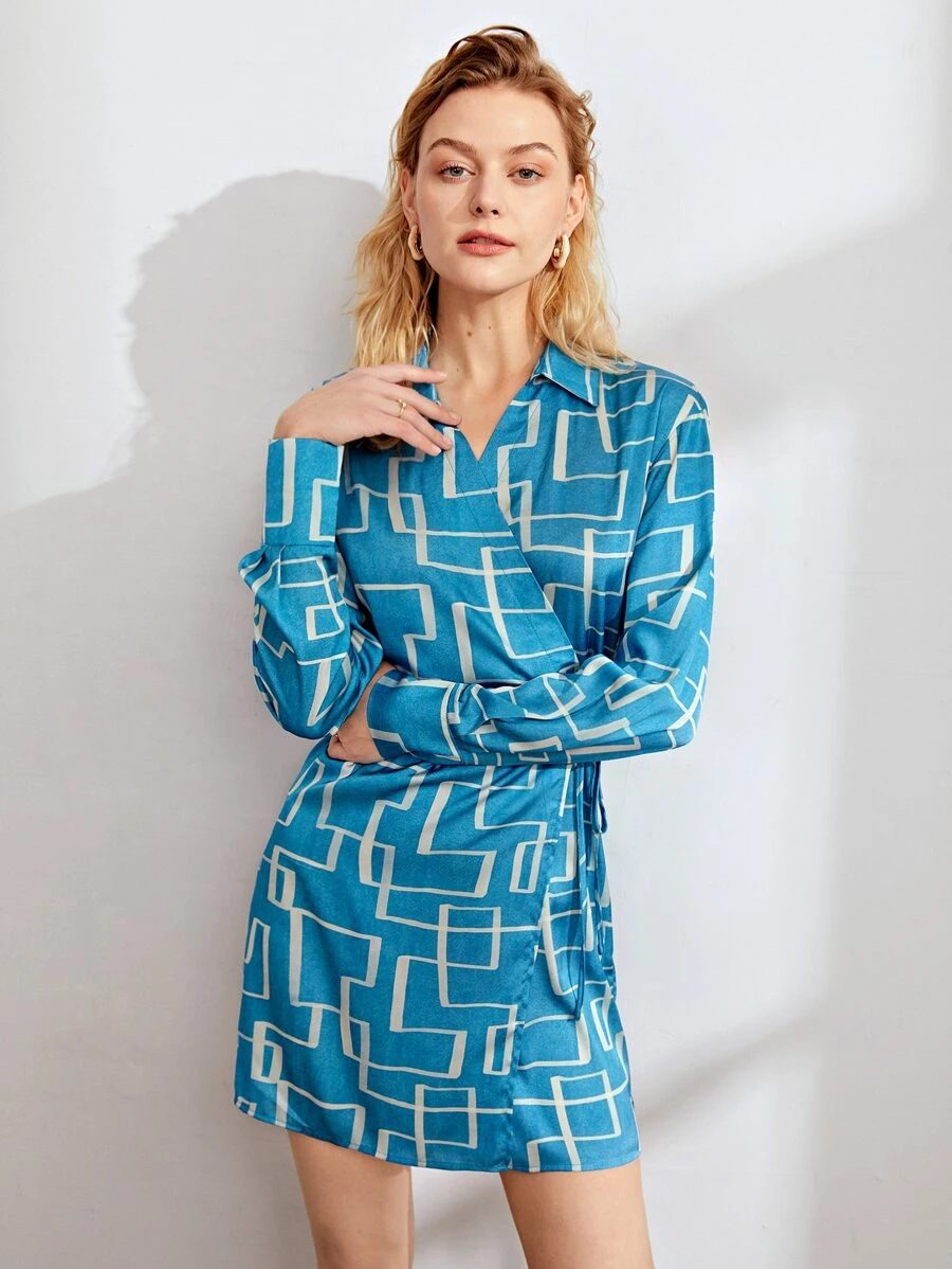 SHEIN Allover Print Knot Side Dress - Blue - View 1