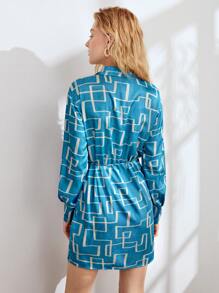 SHEIN Allover Print Knot Side Dress - Blue - View 2