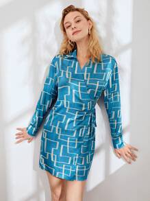 SHEIN Allover Print Knot Side Dress - Blue - View 4