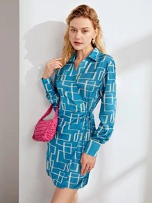 SHEIN Allover Print Knot Side Dress - Blue - View 6