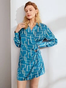 SHEIN Allover Print Knot Side Dress - Blue - View 7