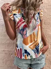 SHEIN LUNE 筆刷圖案荷葉邊缺口領襯衫 - 彩色 - 查看 4