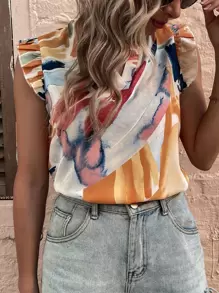SHEIN LUNE 筆刷圖案荷葉邊缺口領襯衫 - 彩色 - 查看 5