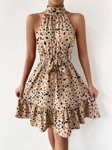Dalmatian Print Ruffle Hem Belted Halter Dress - Khaki - View 1