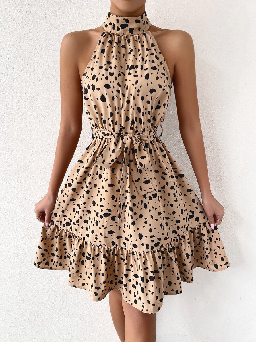 Dalmatian Print Ruffle Hem Belted Halter Dress - Khaki - View 1