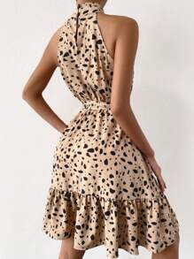 Dalmatian Print Ruffle Hem Belted Halter Dress - Khaki - View 2