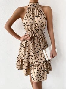 Dalmatian Print Ruffle Hem Belted Halter Dress - Khaki - View 6